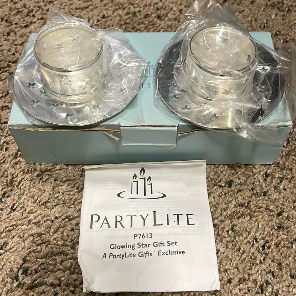 Partylite P7613 Glowing Star Gift Set Candle Holder Silver Tone Plated Brand New